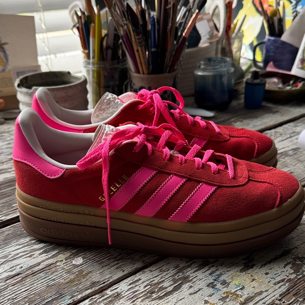 Adidas Women's Gazelle Red and Pink platform Sneakers